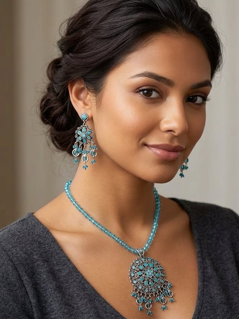 Turquoise And Silver Pendant Necklace And Earring Set